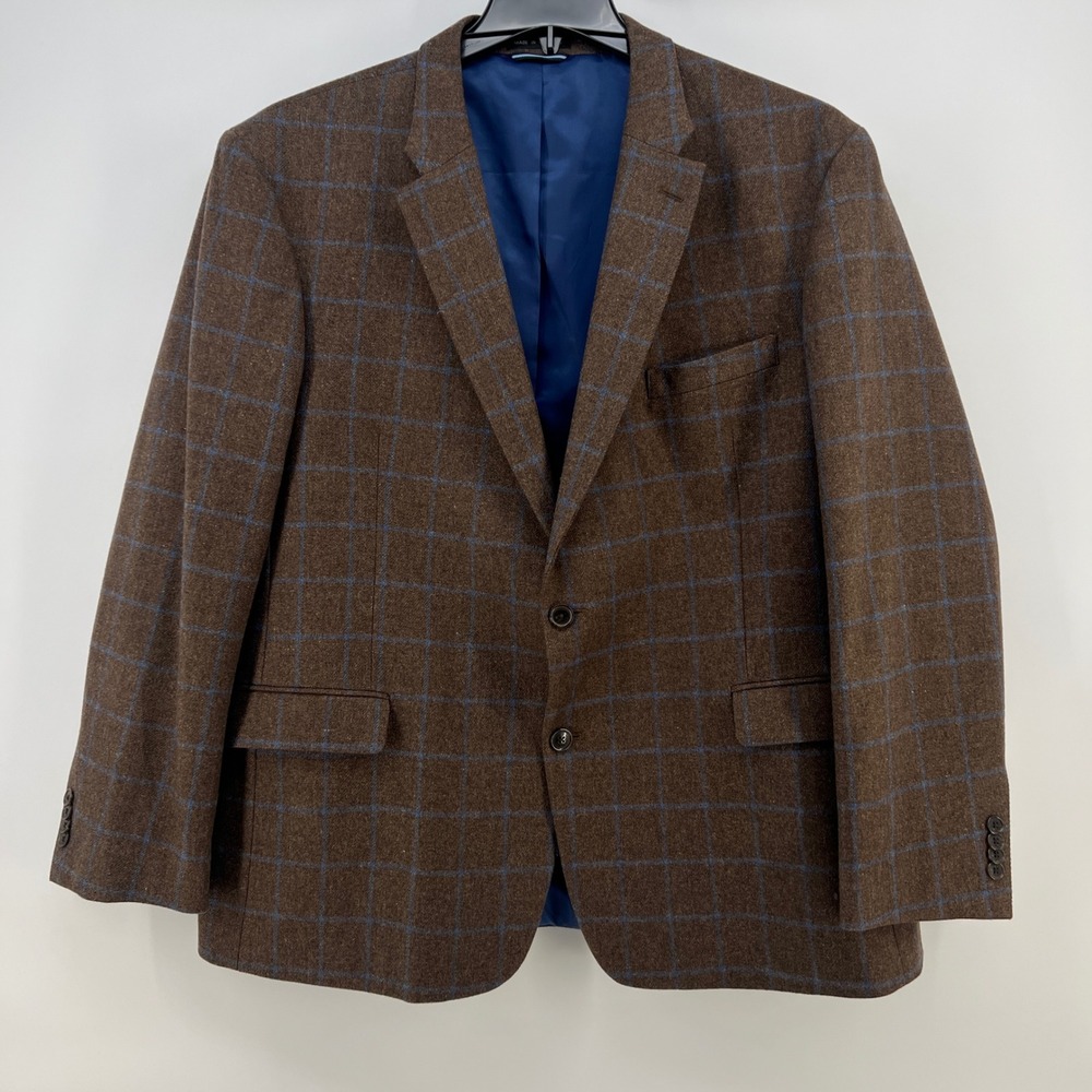 Tommy Hilfiger Mens Brown Blue Windowpane Wool Blend Blazer Jacket 48R Regular
